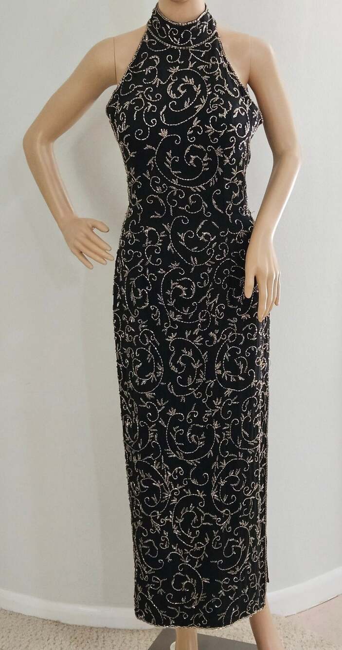 Vintage Cache Beaded Halter Top Evening Gown
Black and Silver 100% silk dress